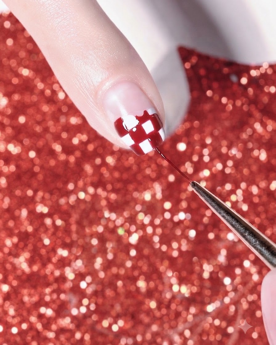 Ein feiner Pinsel fügt detaillierte weiße Linien zu einem rot-weißen Karo-Nageldesign hinzu.