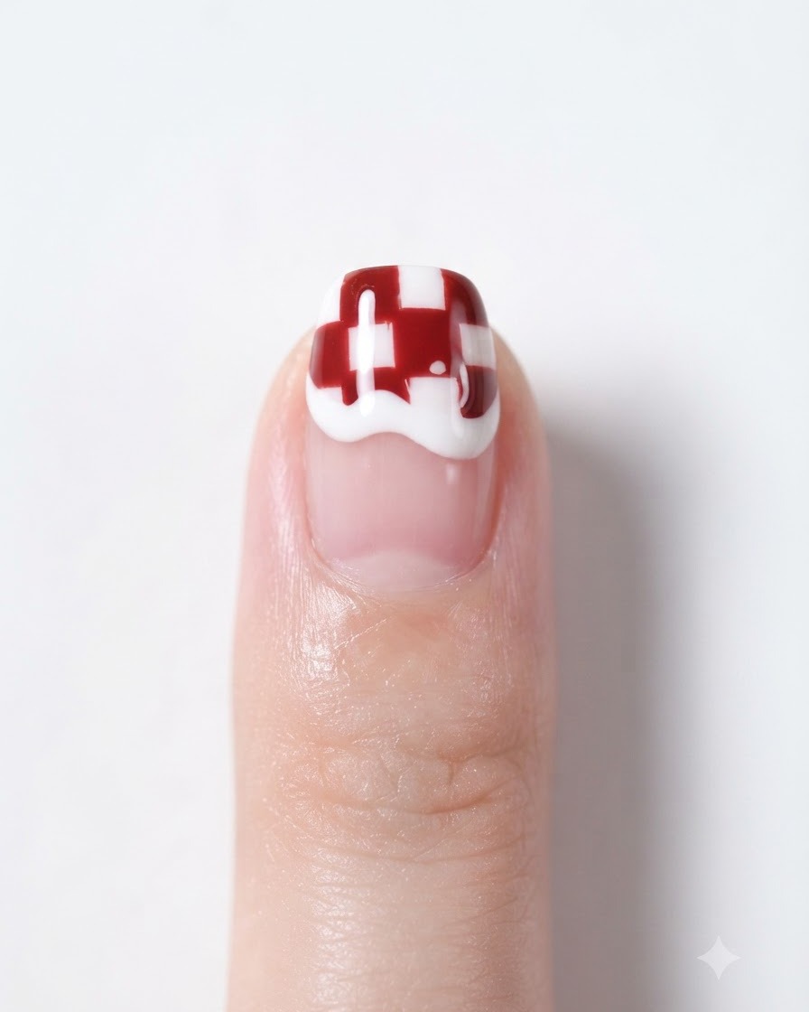 Nahaufnahme eines fertigen Karo-Nageldesigns, auf dem ein winziger goldener Stern-Sticker angebracht ist.
