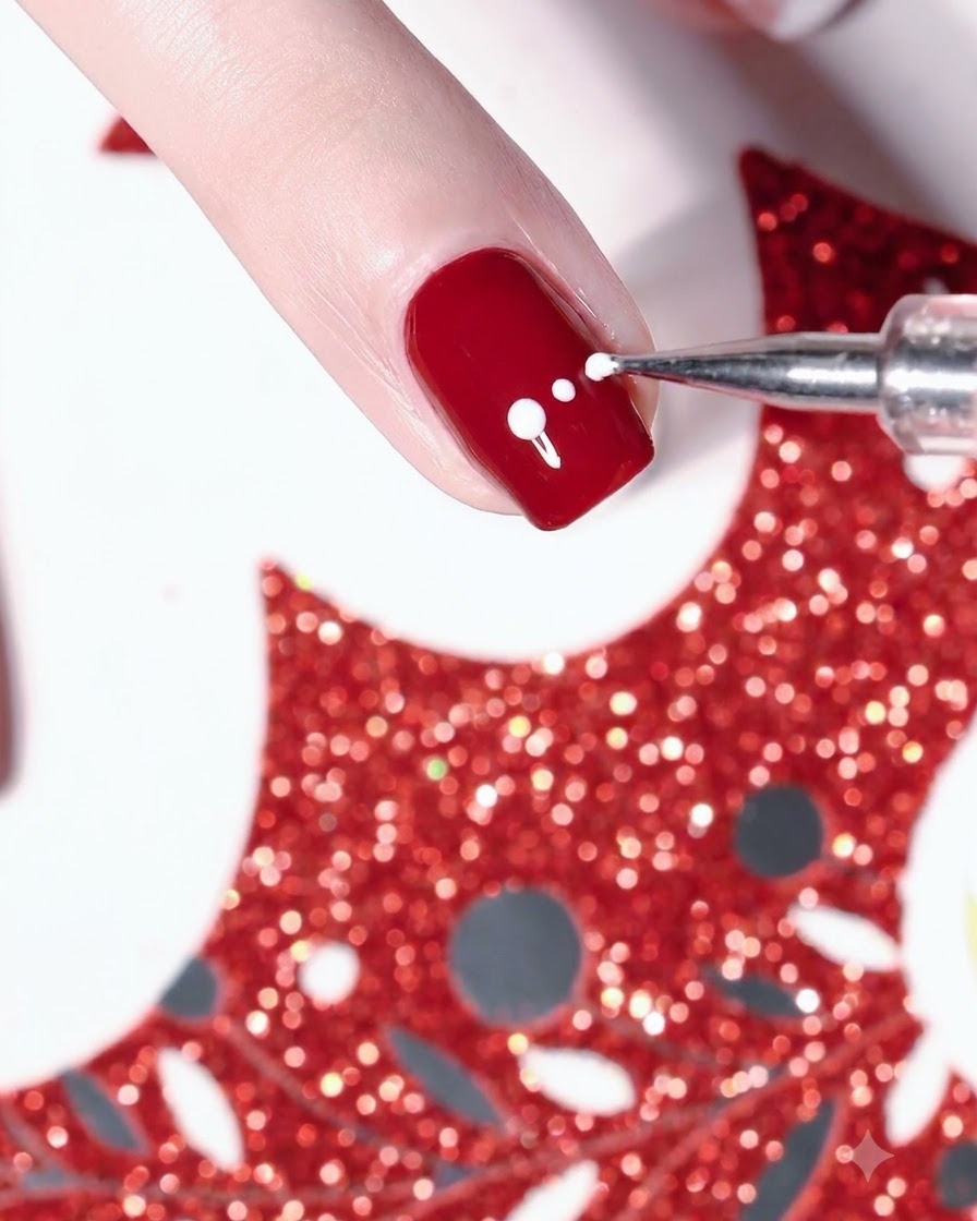 Ein Detailpinsel trägt ein weiß schimmerndes Herzdesign auf die Seite eines rot lackierten Fingernagels auf.