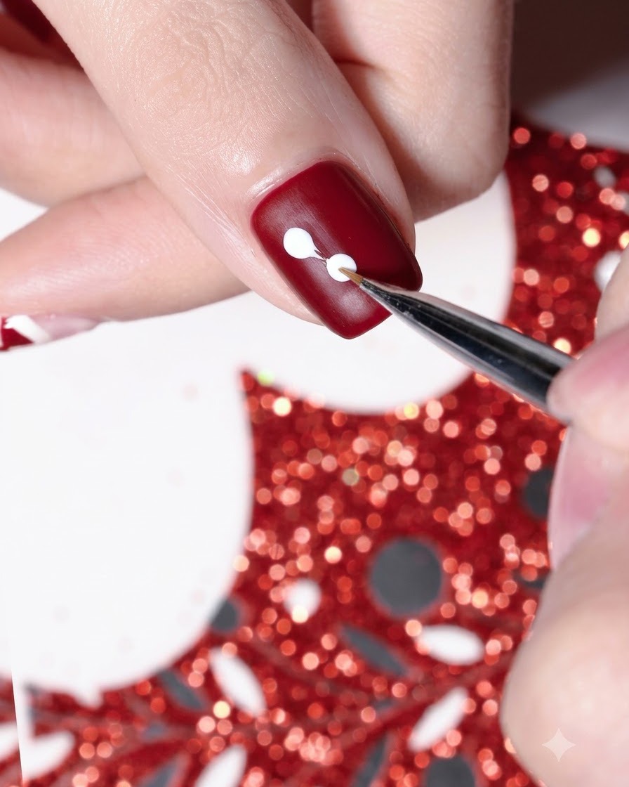Ein Detailpinsel malt ein kleines weißes Herz auf die Seite eines rot lackierten Fingernagels.