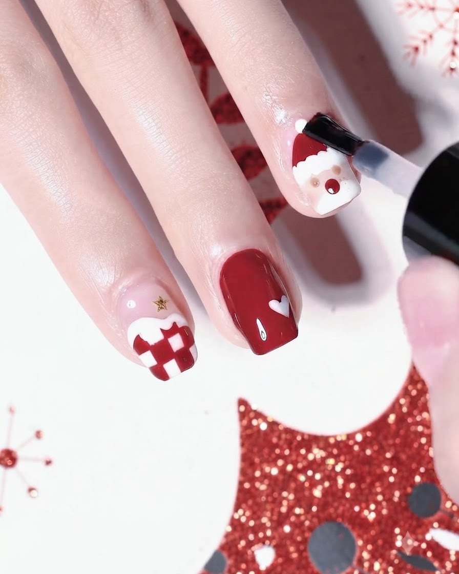 Ein Pinsel trägt einen klaren Top Coat über fertige Weihnachts-Nailart-Designs auf mehreren Fingern auf.