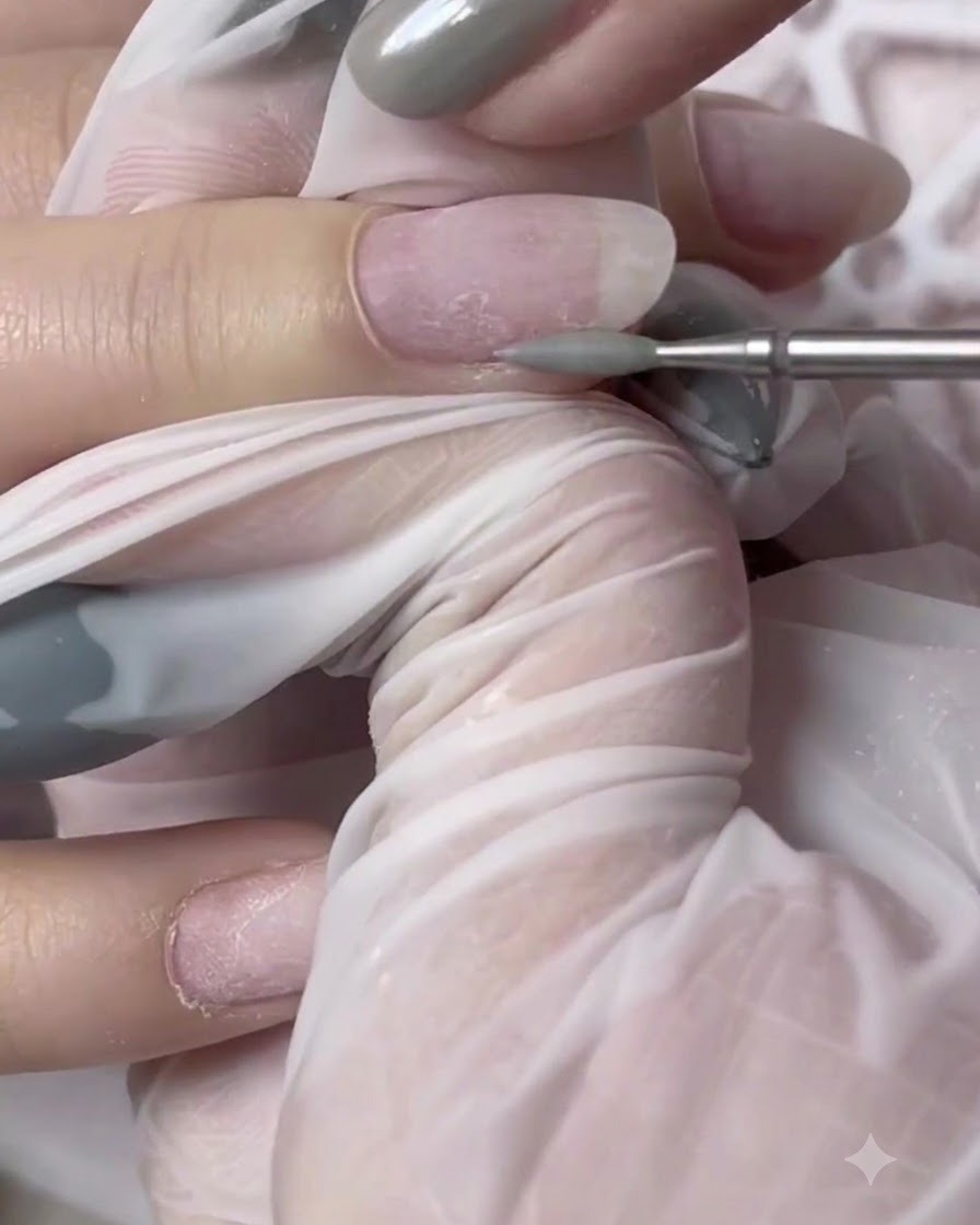Ein weicher Staubbürsten-Pinsel wischt Nagelstaub von einem vorbereiteten Fingernagel.