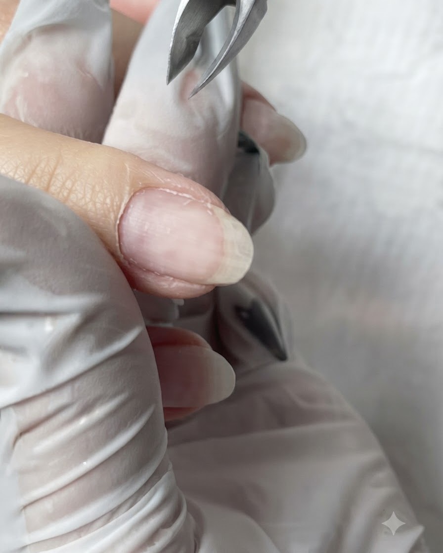 Eine scharfe Nagelhautzange aus Metall schneidet überschüssige Haut am Nagelwall ab.