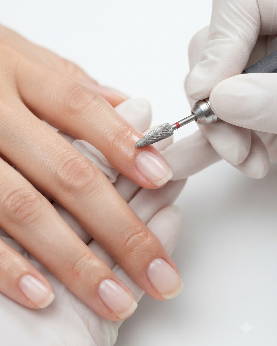 Nahaufnahme eines feinkörnigen Fräseraufsatzes, der die Oberfläche eines manikürten Fingernagels leicht anraut.