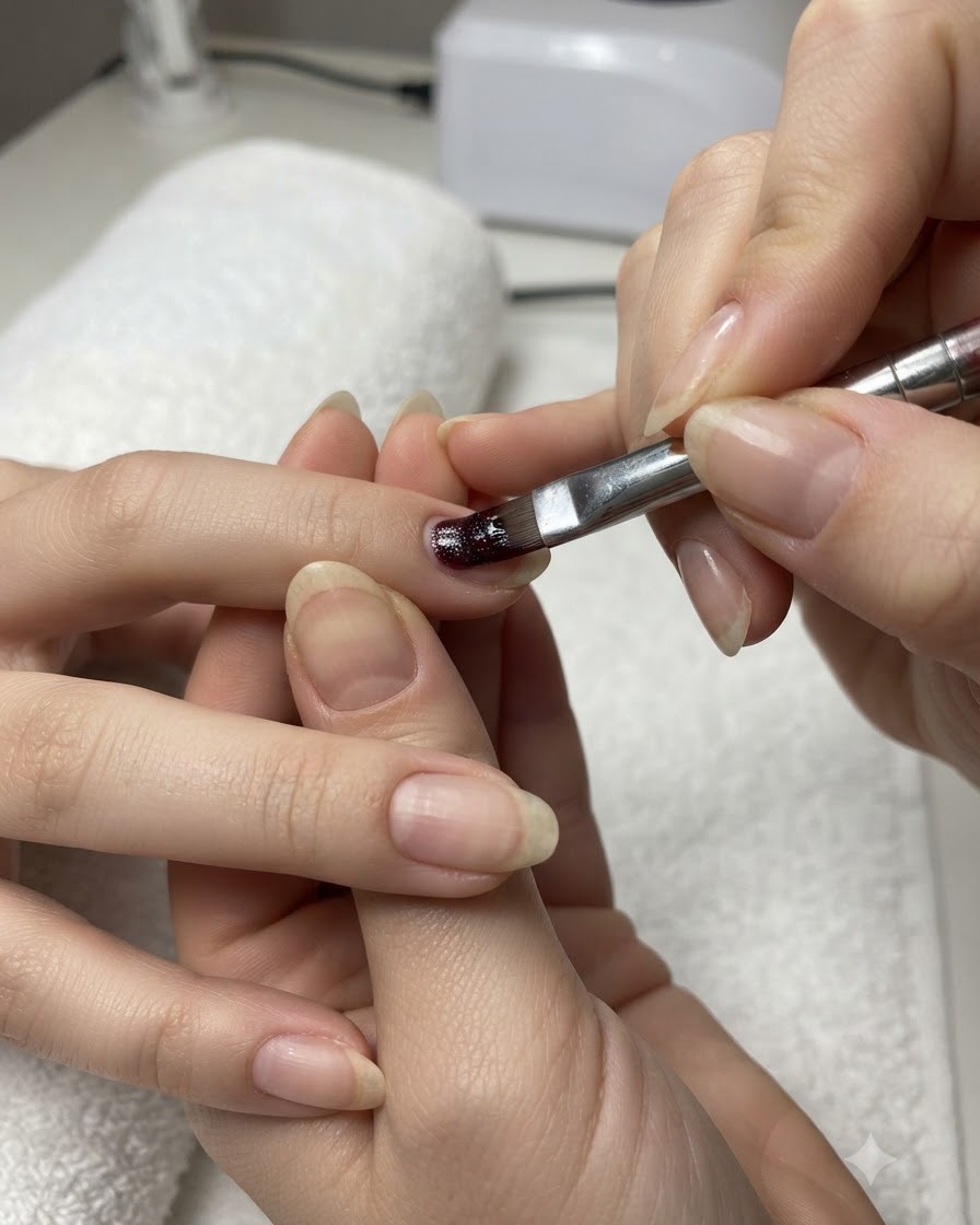 Nahaufnahme eines Pinsels, der Base Coat Gel mit einer wischenden Technik auf einen Fingernagel aufträgt.
