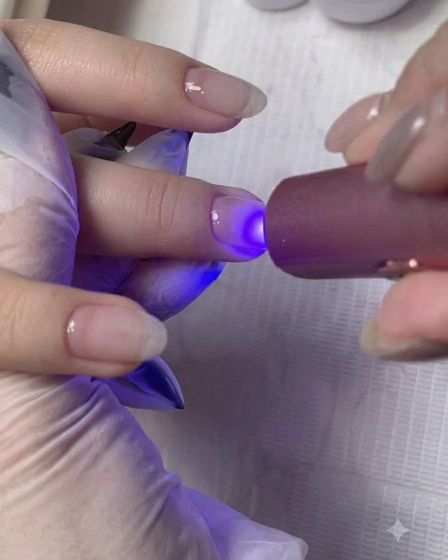 Eine Hand-UV/LED-Lampe härtet die Aufbaugel-Schicht auf dem Nagel aus.