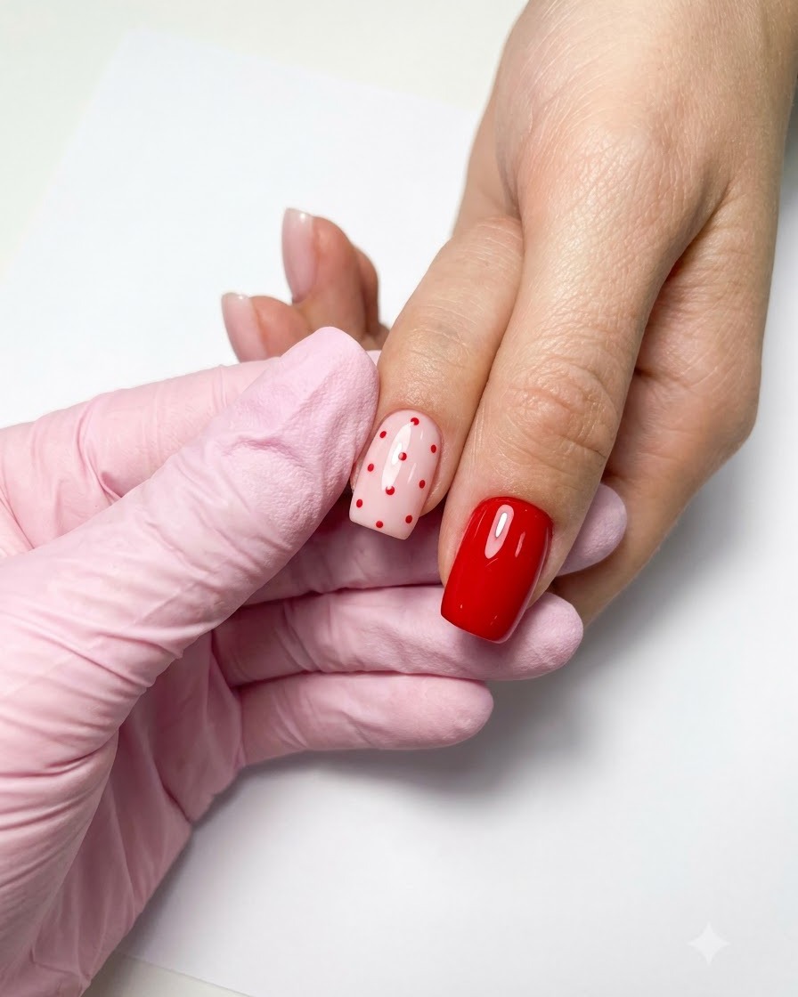 Eine Hand hält ein Fläschchen mit magentafarbenem Gel-Lack, während ein Fingernagel lackiert wird.