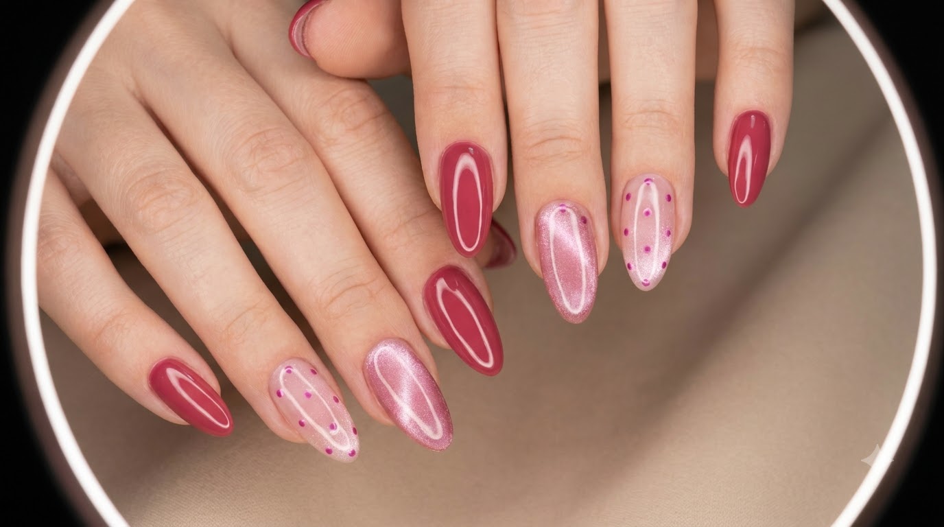 Rosenrotes Polka-Dot und Cat-Eye Nageldesign — Schritt-für-Schritt Anleitung