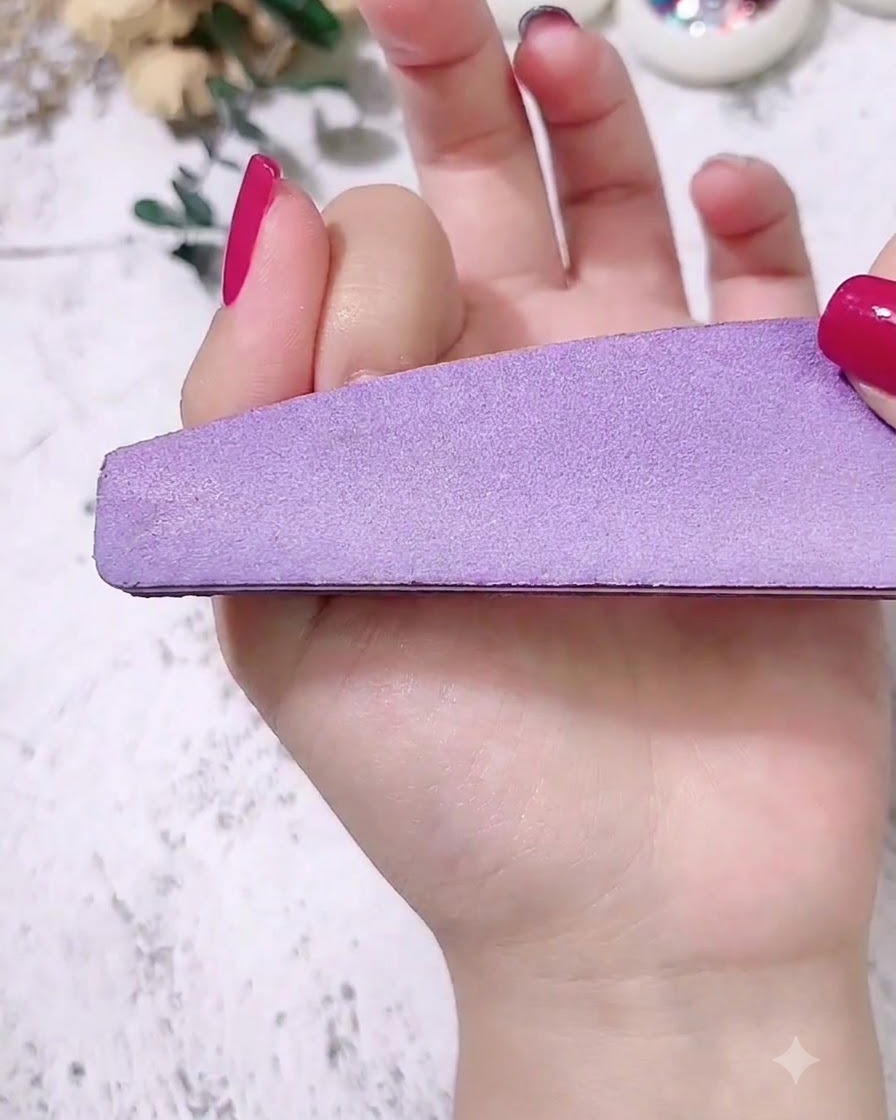 Ein lila Nagelblock glättet und nivelliert die Oberfläche eines manikierten Nagels.