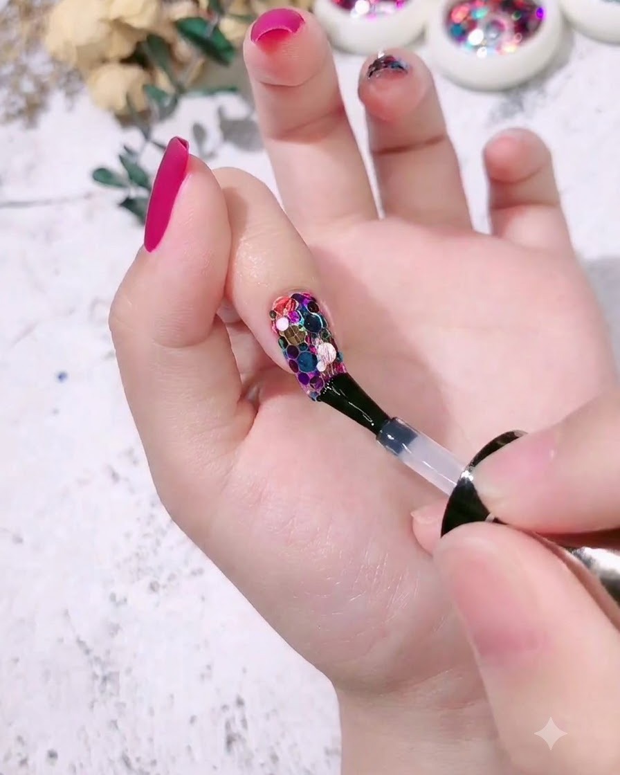 Ein Pinsel trägt einen klaren Hochglanz-Überzugslack auf einen Zeigefinger auf, der mit bunten runden Nagelpailetten verziert ist.