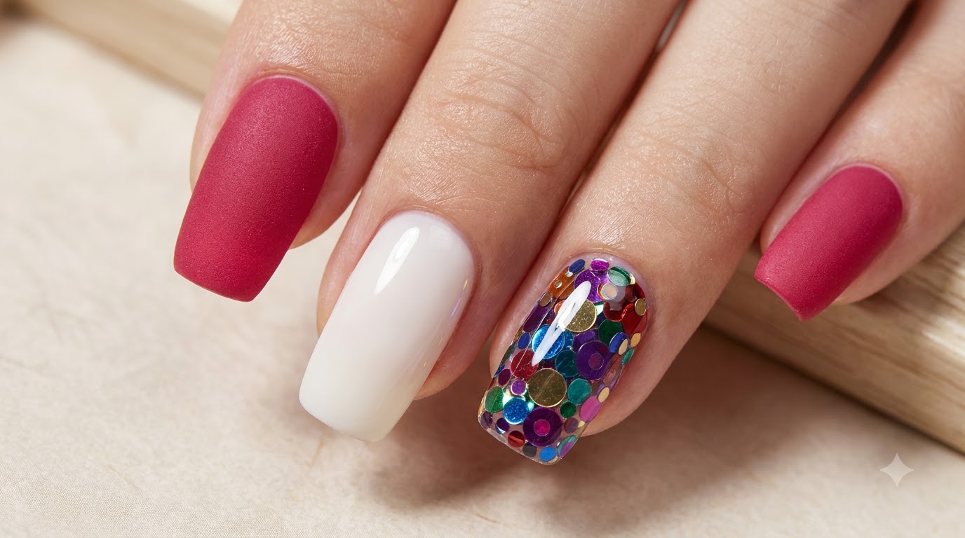 Rosenrotes Nageldesign mit Pailletten-Akzent — Schritt-für-Schritt-Anleitung