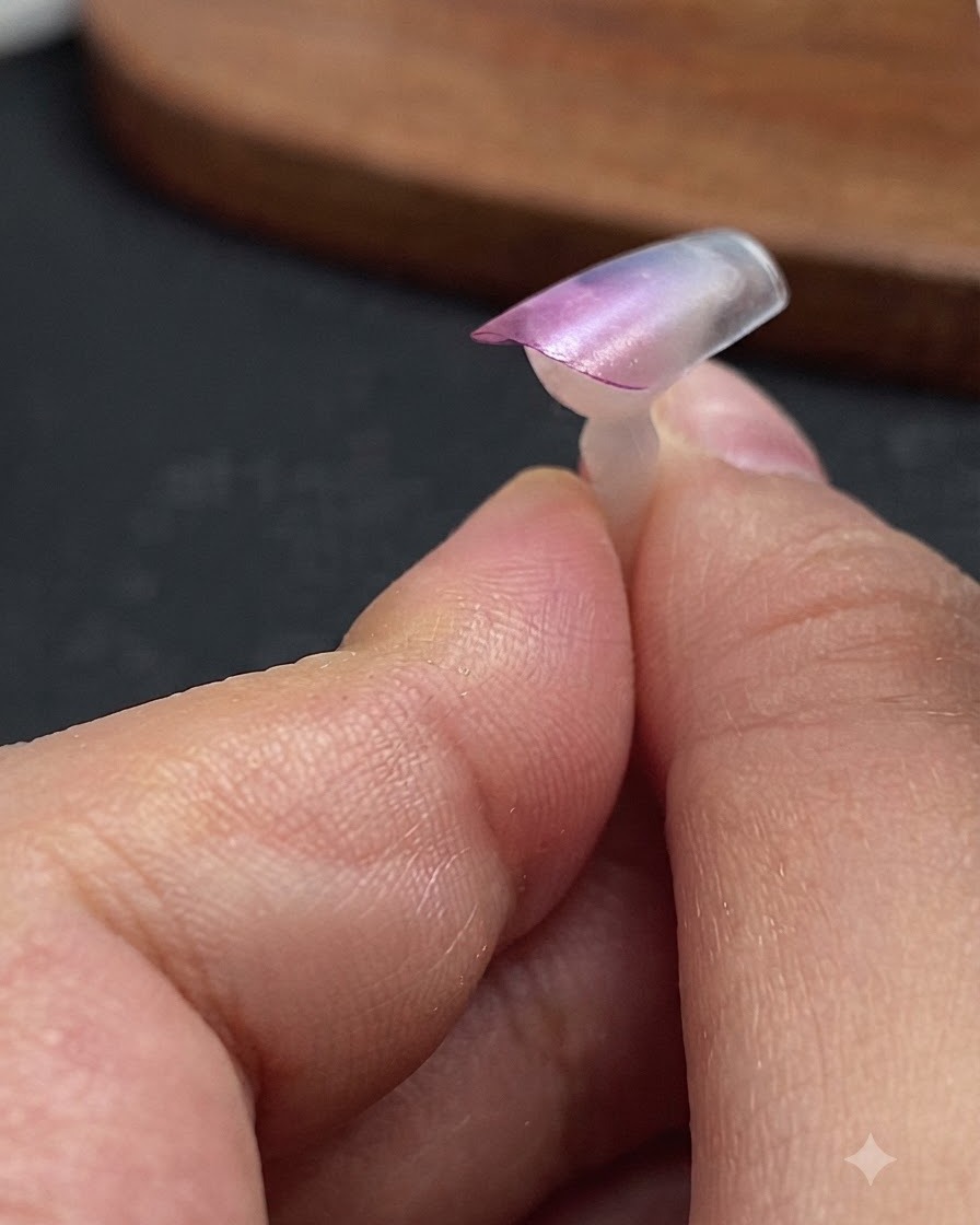 Eine klare Nagelverlängerungspitze mit rosarotem Farbverlauf und dunkelblauem Glas-Patting-Gel an den Rändern der Spitze.