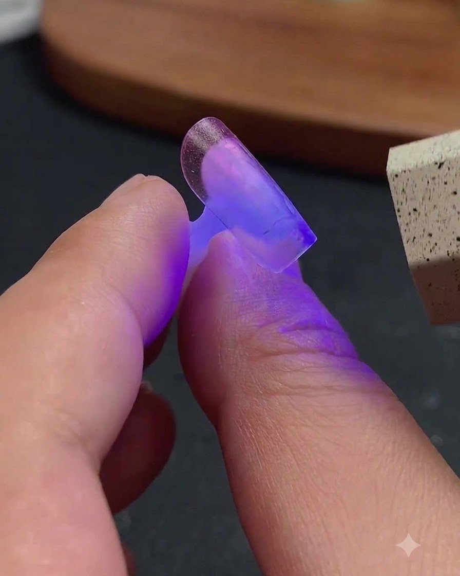 Eine Mini-UV-/LED-Taschenlampe wirft violettes Licht auf eine klare Nagelverlängerungspitze, die zwischen Fingern gehalten wird.