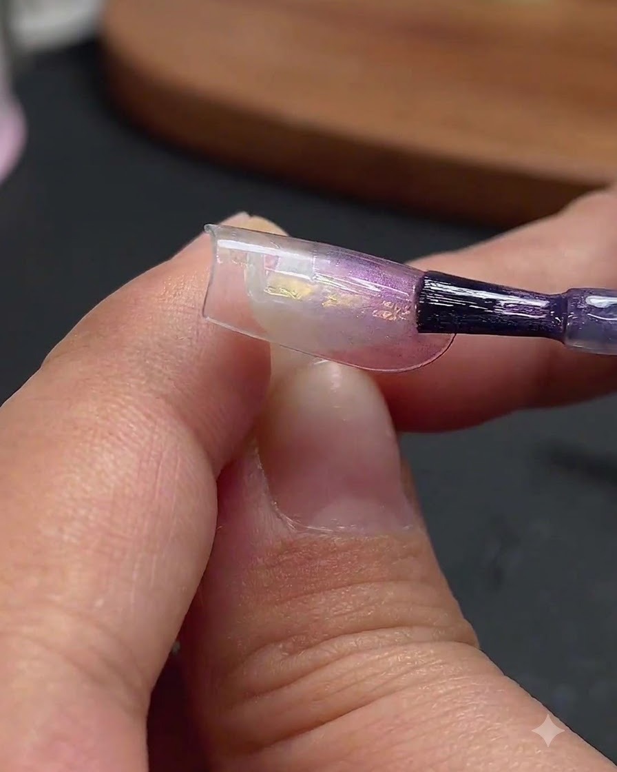 Ein Nagelpinsel trägt farbloses Cat-Eye-Gel mit Blaulicht auf den mittleren Bereich der verzierten Nagelverlängerungspitze auf.
