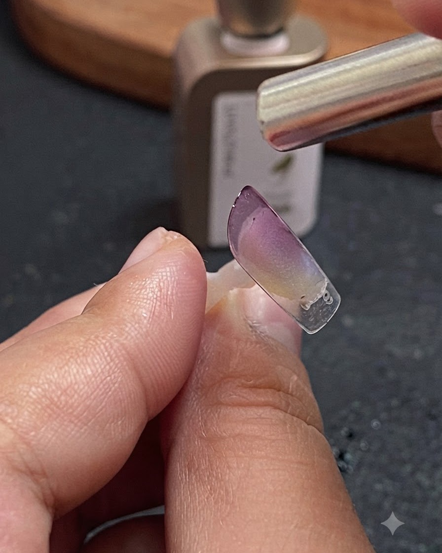 Ein Magnetwerkzeug wird über einer Nagelverlängerungspitze gehalten, um die Cat-Eye-Gelpartikel zu einem zentralen Streifen zu bündeln.