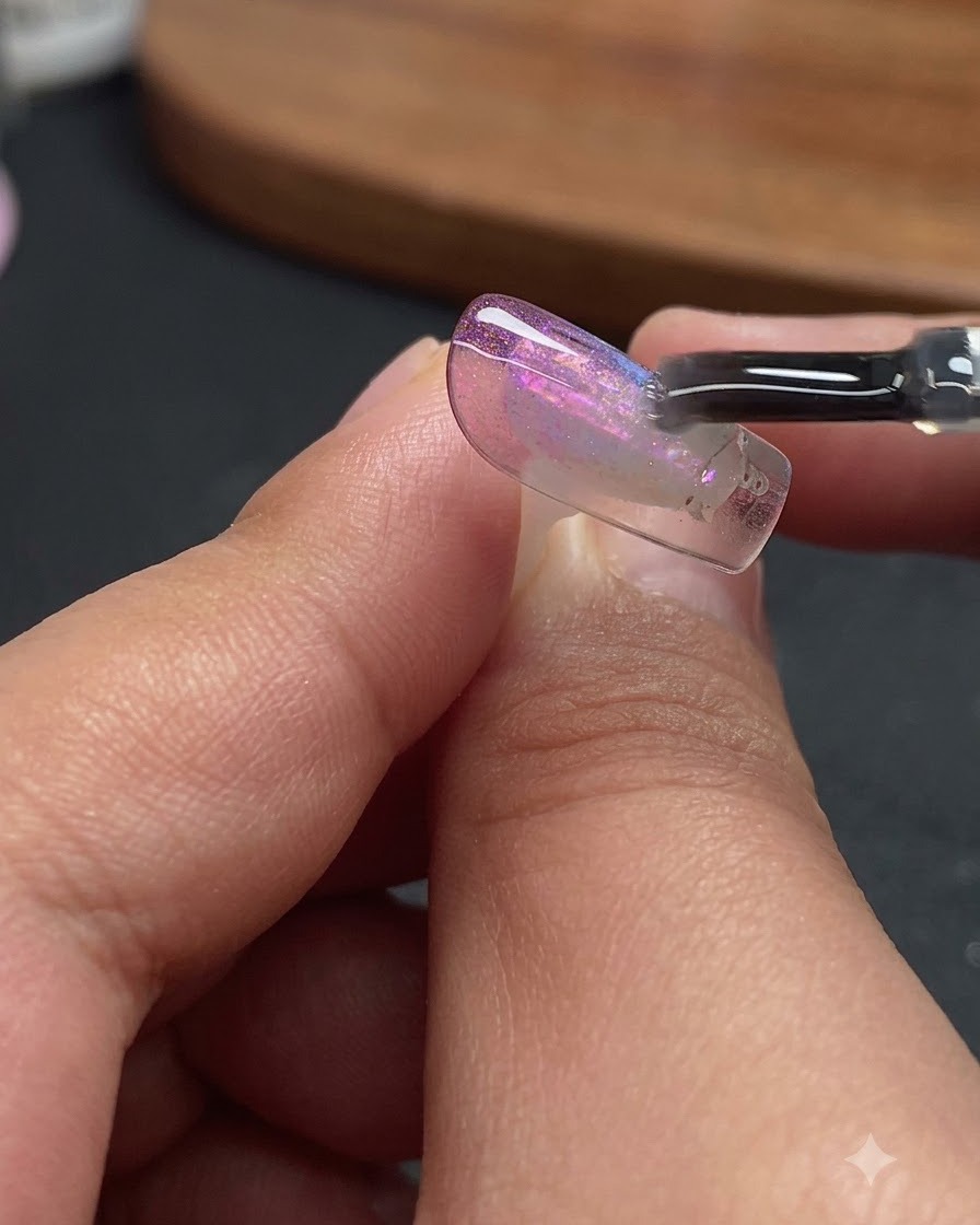 Ein Nagelpinsel trägt einen klaren Top Coat über dem detaillierten Aurora- und Cat-Eye-Nageldesign auf.