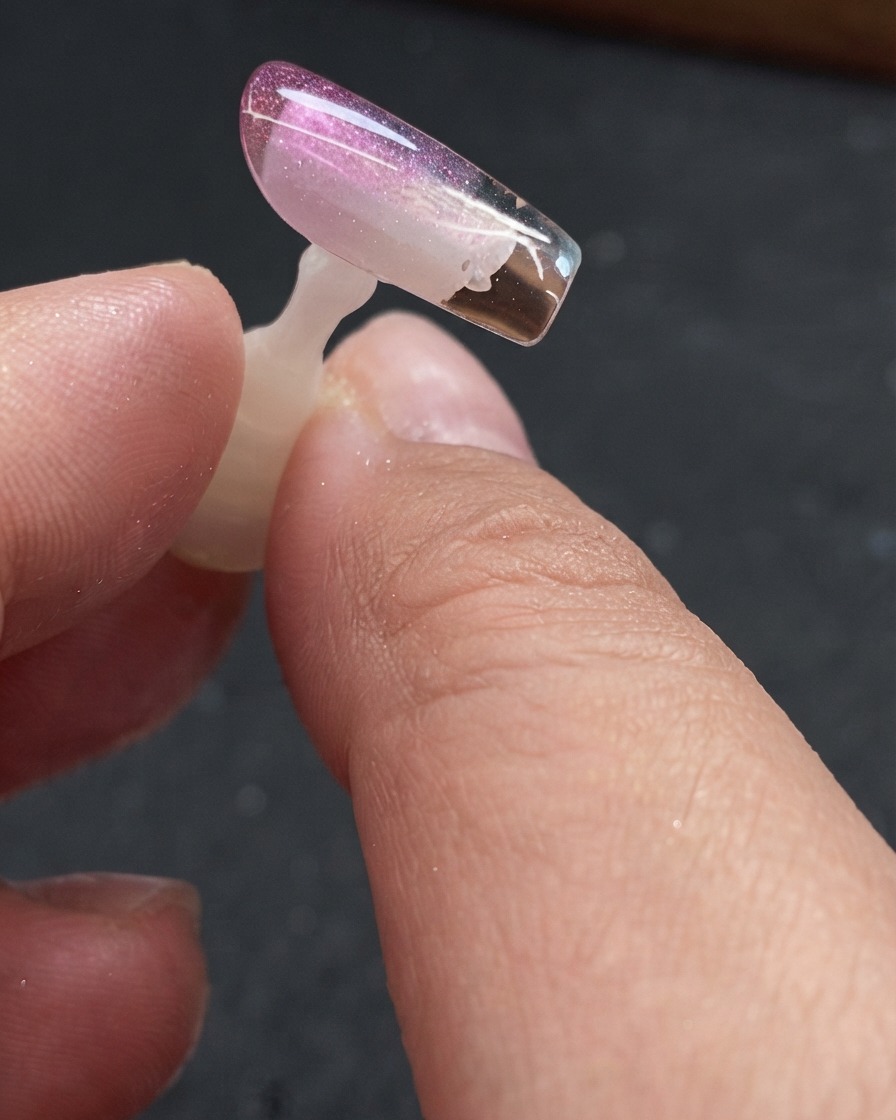 Eine Nahaufnahme einer klaren Nagelspitze, die auf der Rückseite mit Top Coat beschichtet wird.