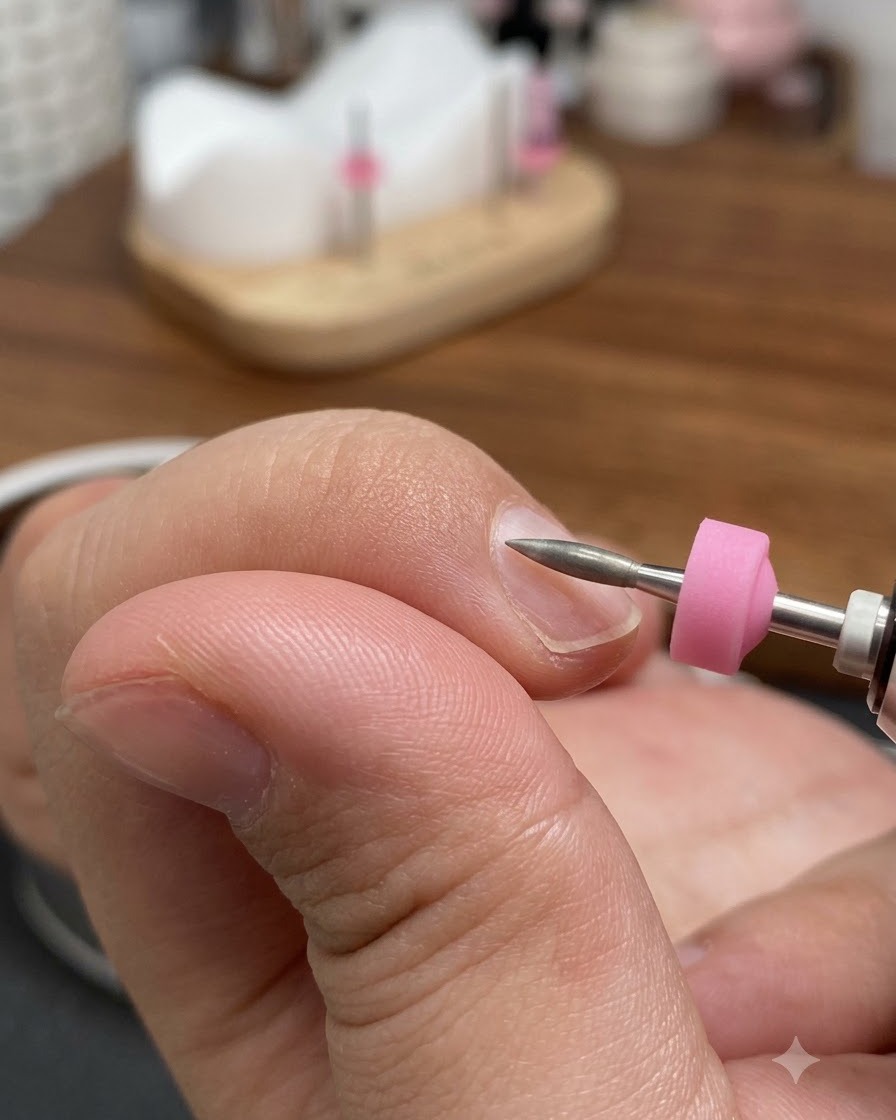 Eine elektrische Nagelfeile mit konischem Bit arbeitet dicht am Nagelhautbereich eines Naturnagels.