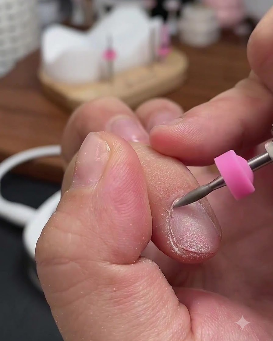Eine elektrische Nagelfeile mit Konusbit ist an der rechten Seite der Nagelhauttasche eines Fingers positioniert.