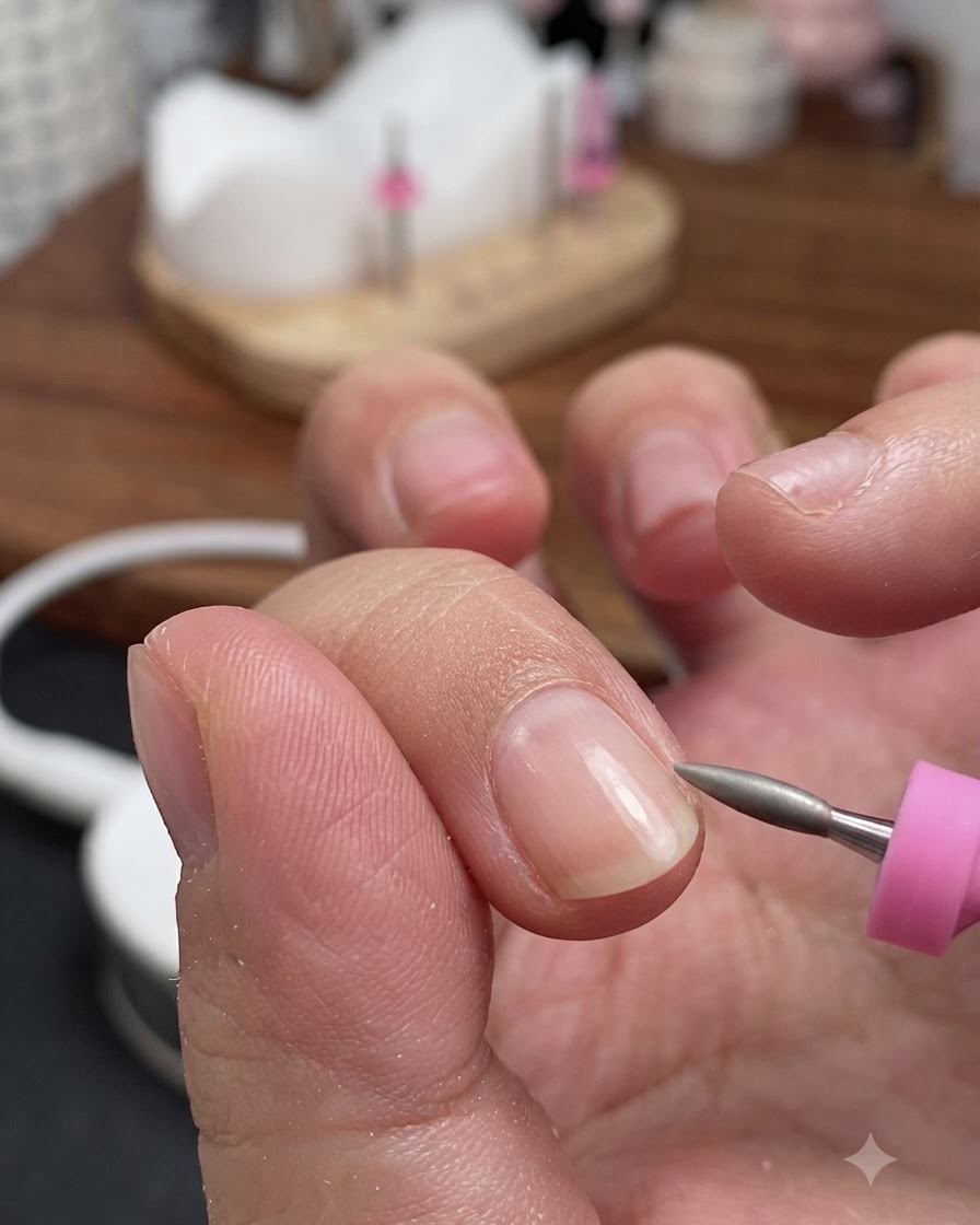 Eine Nahaufnahme von Nagelhautschneidern, die vorsichtig abgestorbene Haut um den Rand des Nagelwalls kürzen.