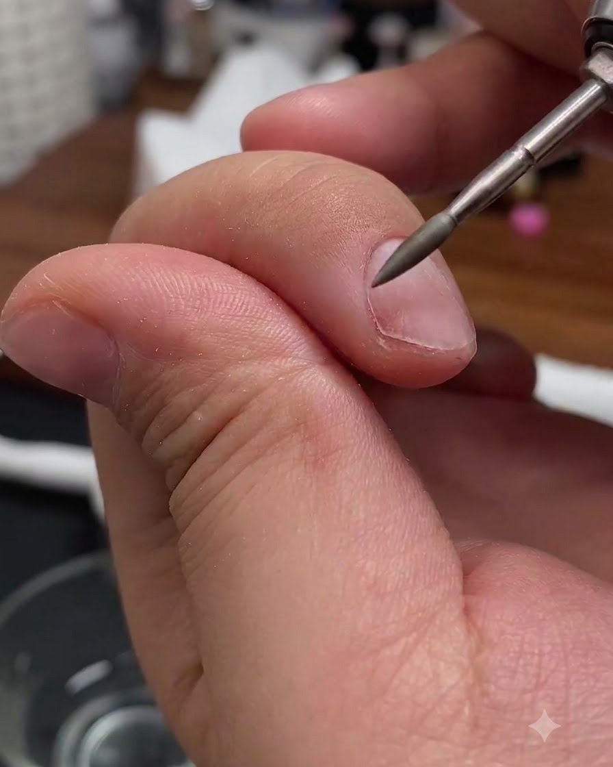 Ein Fräser einer elektrischen Feile führt eine Wasserschliff-Verfeinerung in der Nähe der Nagelhautzone eines Fingernagels durch.