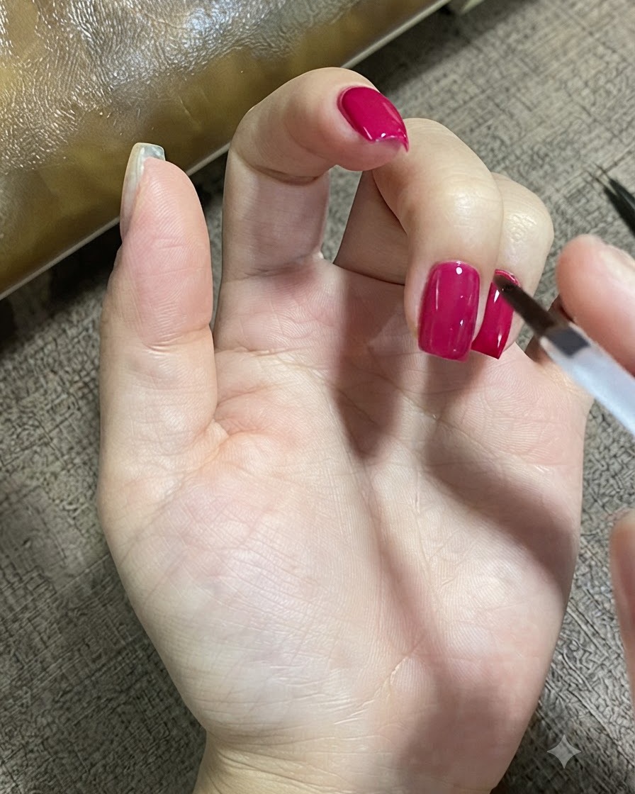 Ein Nagelpinsel trägt sorgfältig matten Überlack auf die Oberfläche eines manikierten Fingernagels auf.