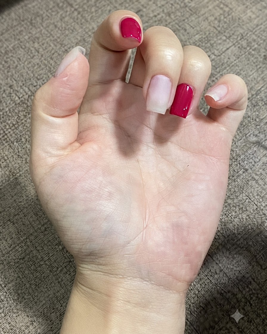 Eine Nahaufnahme eines Fingers mit einem kleinen, präzisen Tropfen klarem Verlängerungsgel in der Nähe des Nagelhautbereichs.