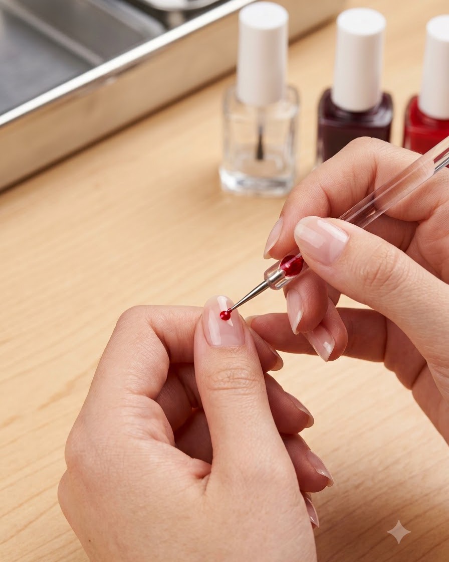 Eine Nahaufnahme von Händen, die ein feines Detailwerkzeug verwenden, um einen Tropfen rotes Gel-Nagellack in der Nagelhaut eines Naturnagels sanft abzutupfen und zu glätten.