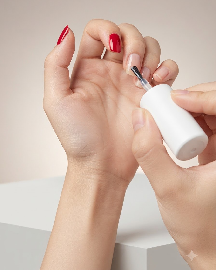 Ein Pinsel trägt schimmernden Magic Cat Eye Gel-Nagellack auf den Mittelfingernagel auf.
