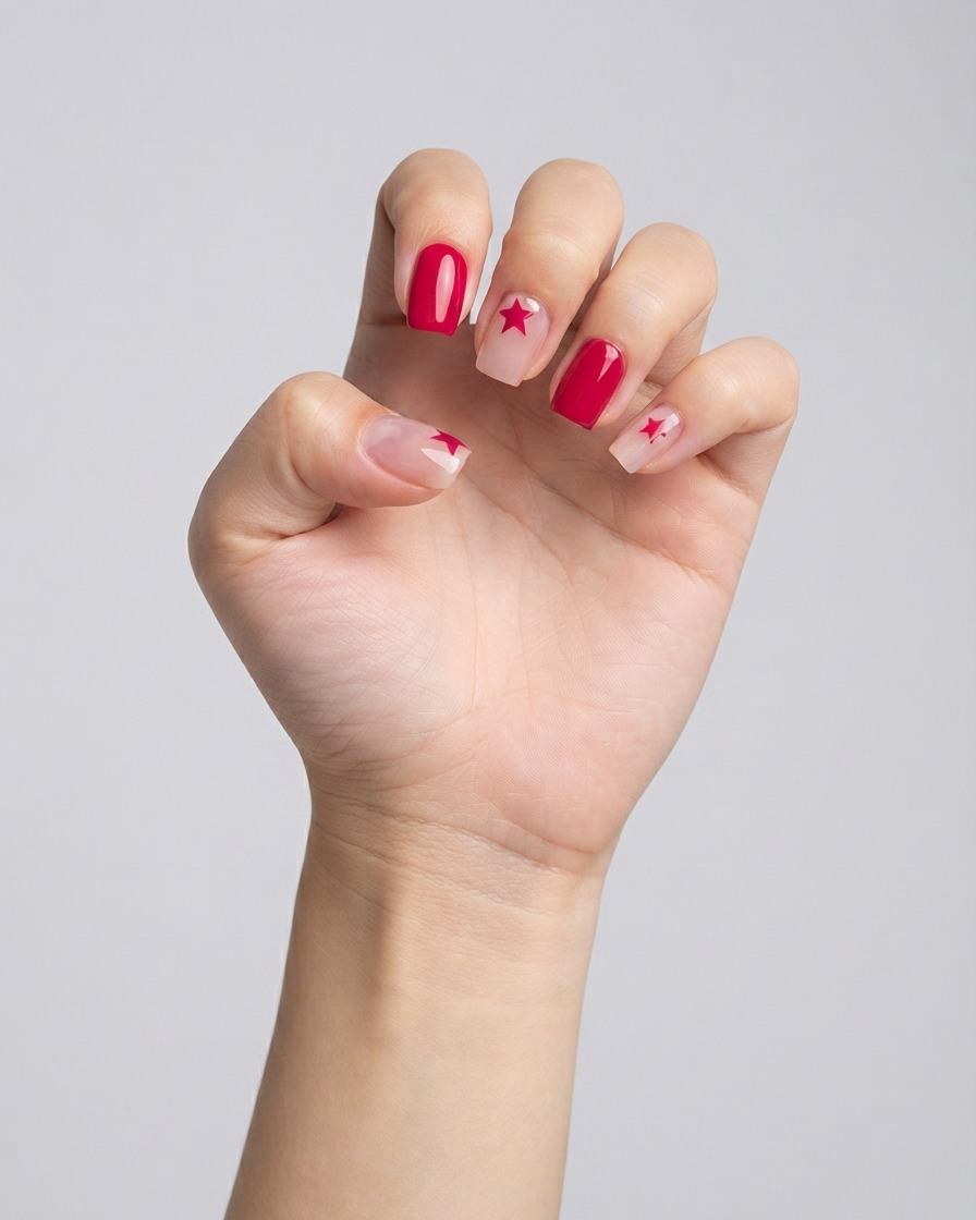 Eine Nahaufnahme eines feinen Liner-Pinsels, der ein weißes Stern-Detail auf einen manikierten Fingernagel zeichnet.