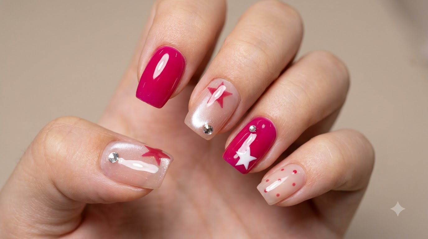 Magenta Stern- und Pünktchen-Nail-Art — Schritt-für-Schritt-Gel-Tutorial
