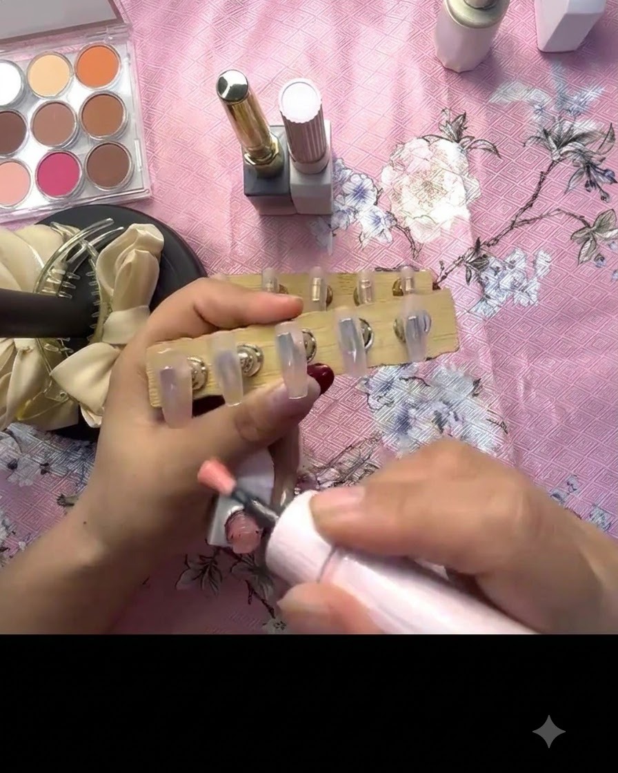 Ein Pinsel trägt durchscheinendes rosa Gel auf einen Press-on Nagel auf, der auf einem Holzständer befestigt ist.