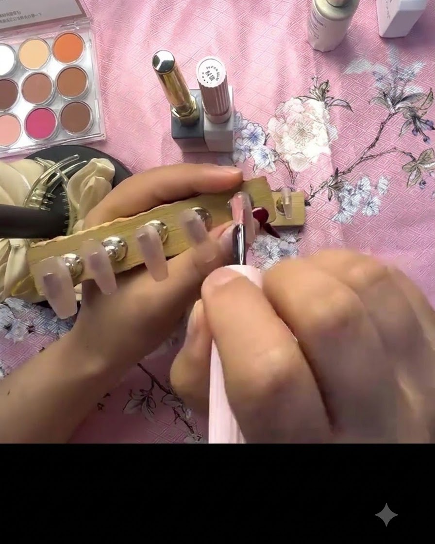 Eine kleine Hand-UV-Lampe härtet Press-on Nägel auf einem Holzständer aus.
