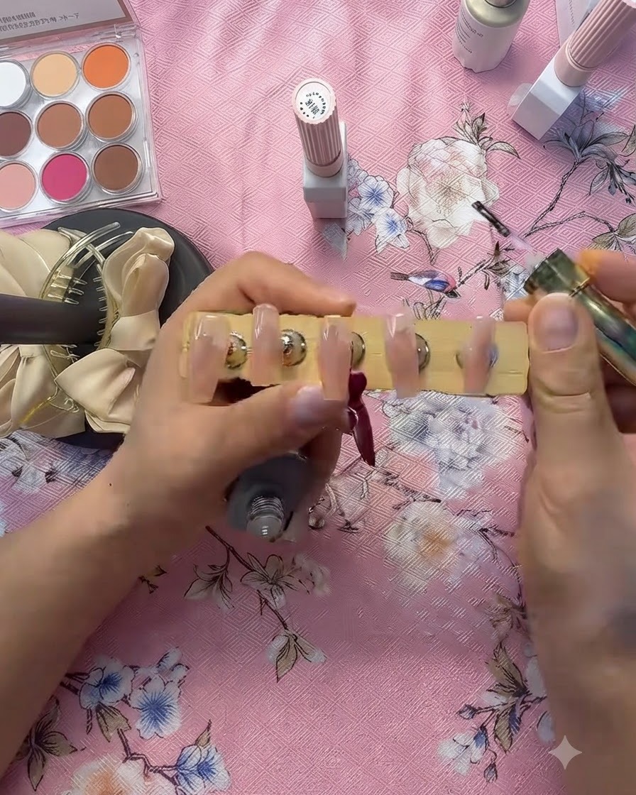 Ein Pinsel trägt eine klare Schicht Basisgel über der rosa ausgehärteten Nagelplatte auf.
