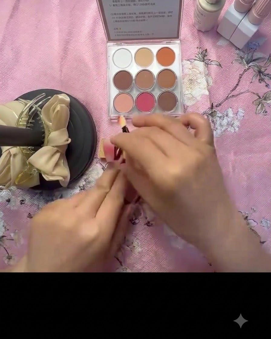 Ein kleiner Schwämmchen-Applikator nimmt leuchtend rosarotes Pigmentpuder aus einer Make-up-Palette auf.