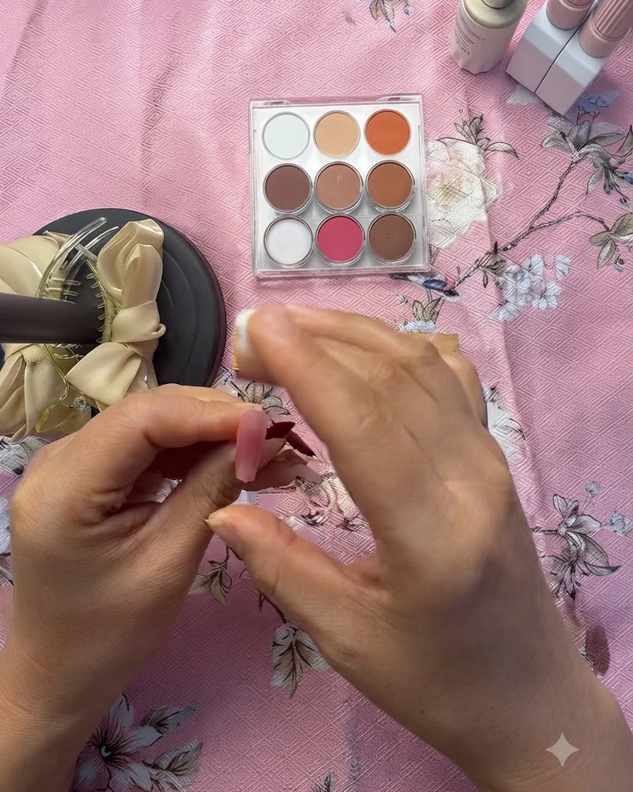 Ein Schwämmchen-Applikator tupft rosarotes Pigmentpuder auf die Mitte eines rosa Press-on Nagels.