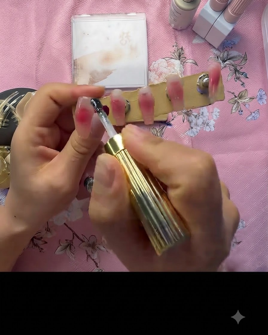 Ein Pinsel trägt eine klare Versiegelungsschicht über dem verblendeten rosa Ombré-Nagel auf.