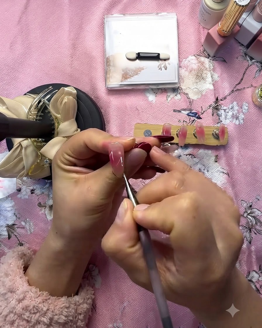 Ein feiner Liner-Pinsel zeichnet eine weiße Herzform auf einen rosafarbenen Ombré Press-on Nagel.