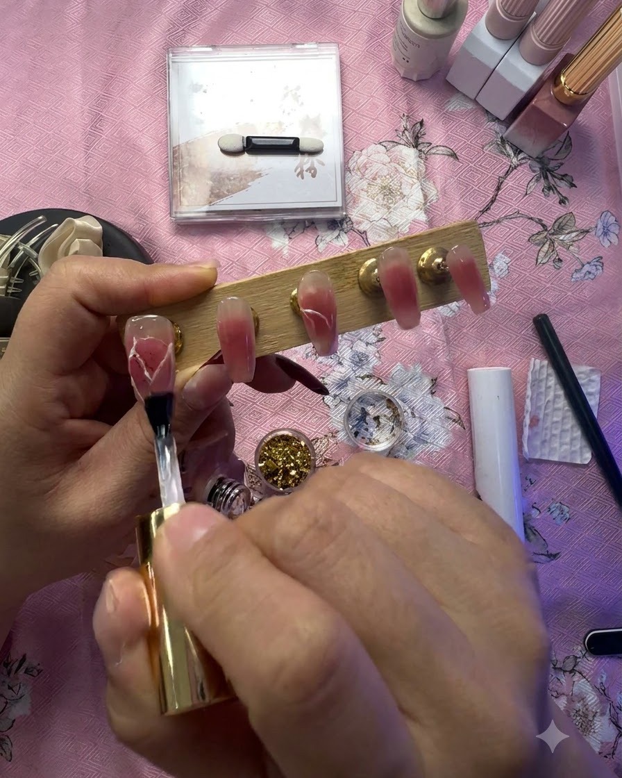 Ein Pinsel trägt eine klare, schützende Gelschicht über der Herz-Nailart auf.