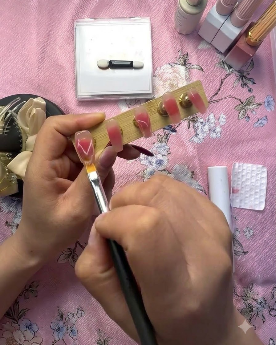 Ein Detailwerkzeug platziert Blattgoldflocken auf einer nassen Geloberfläche neben einem weißen Herzdesign.
