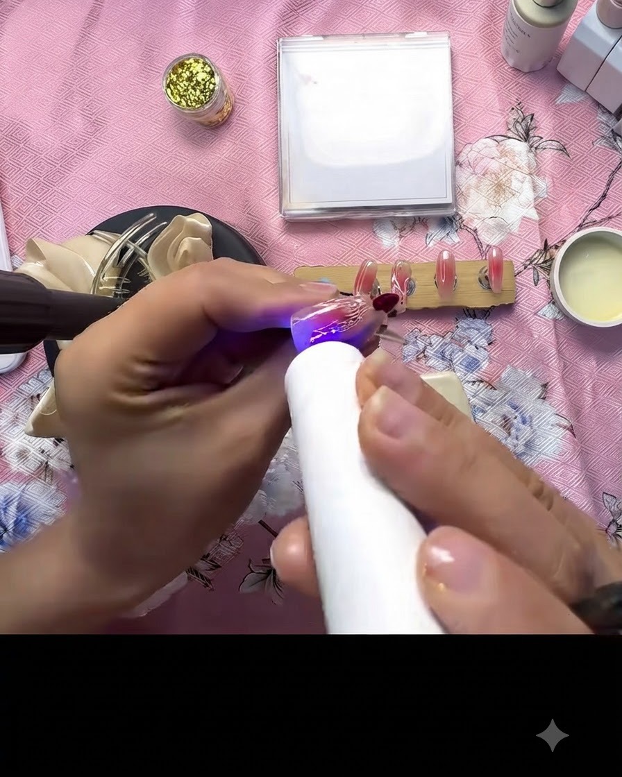 Eine Mini-UV/LED-Lampe härtet die kleinen 3D-Akzentpunkte auf einem verzierten Nagel aus.