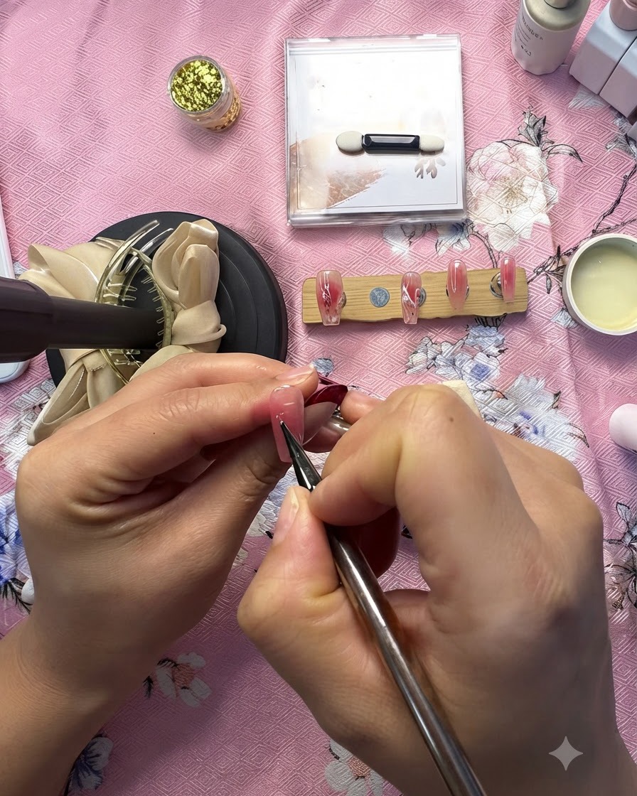 Nahaufnahme einer Nageldesignerin, die kleine dekorative Elemente auf einen rosafarbenen Ombré-Akzentnagel aufträgt.
