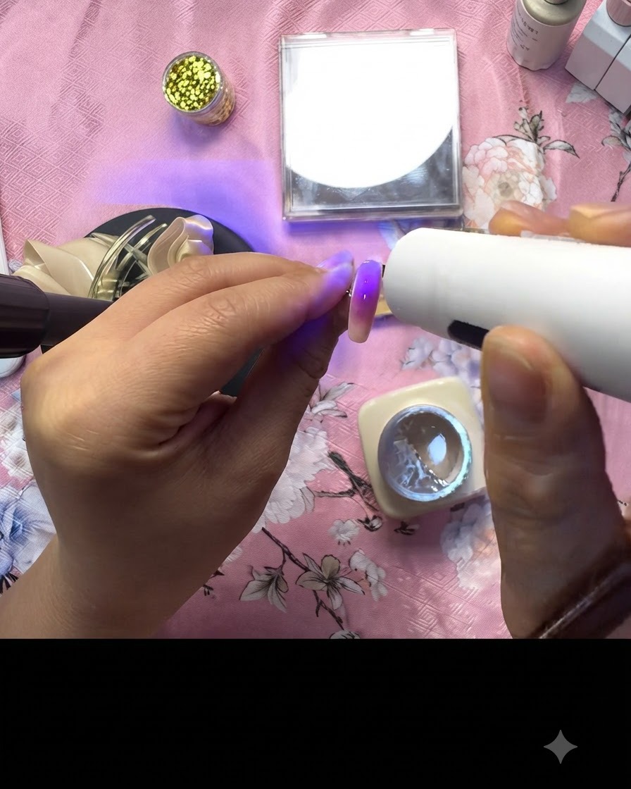 Eine UV-Lampe härtet das finale Set verzierter rosa Akzentnägel mit Blattgolddetails aus.