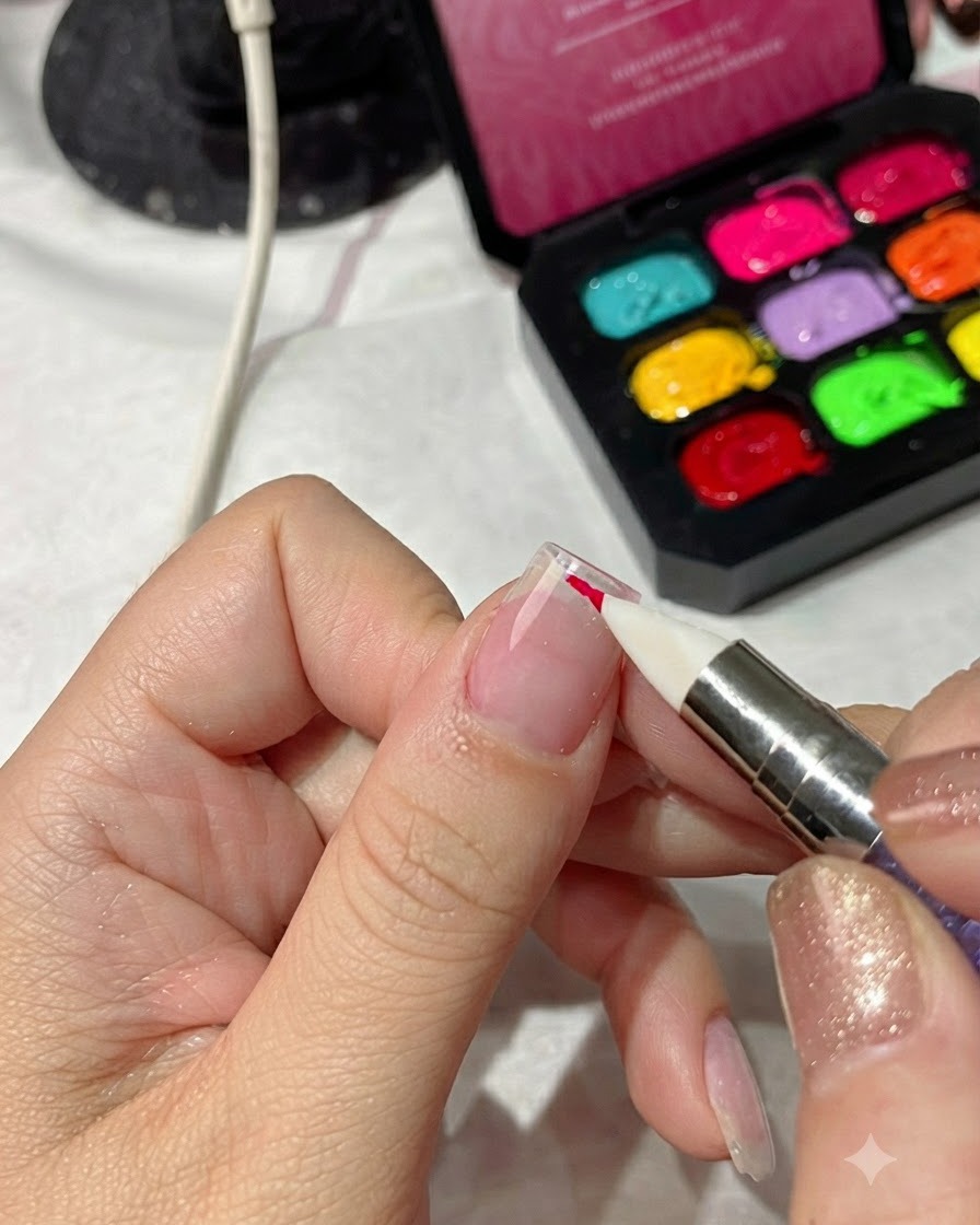 Eine Nahaufnahme eines Schwammapplikators, der helles magenta-rotes Gel-Polish auf die Kante einer vorbereiteten Nagelplatte tupft.