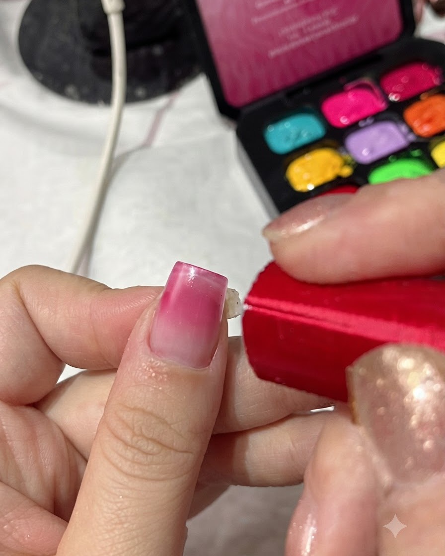 Eine Hand, die eine kompakte rote UV-/LED-Lampe direkt über einen frisch lackierten Farbverlaufsnagel hält.