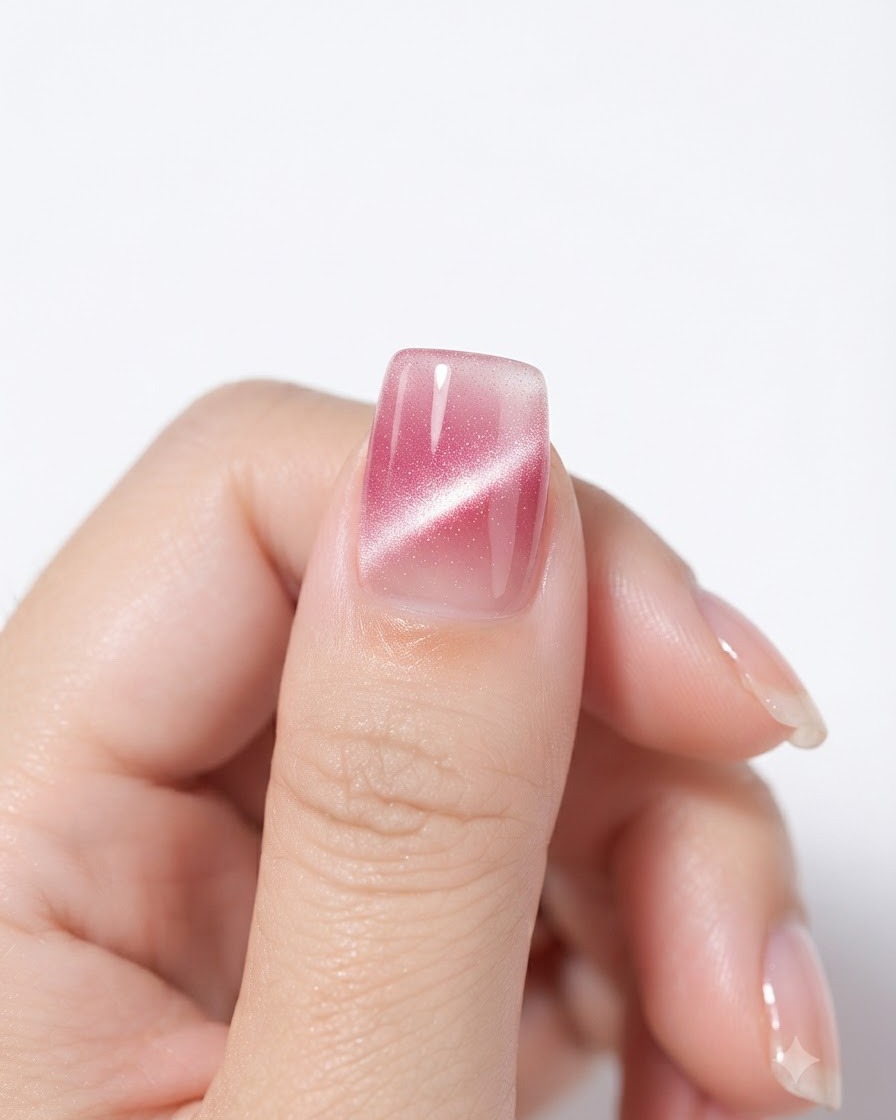 Ein Magnetwerkzeug wird nah an die Seiten eines mit Cat-Eye-Gel beschichteten Nagels gehalten, um ein breites zentrales Lichtband zu erzeugen.