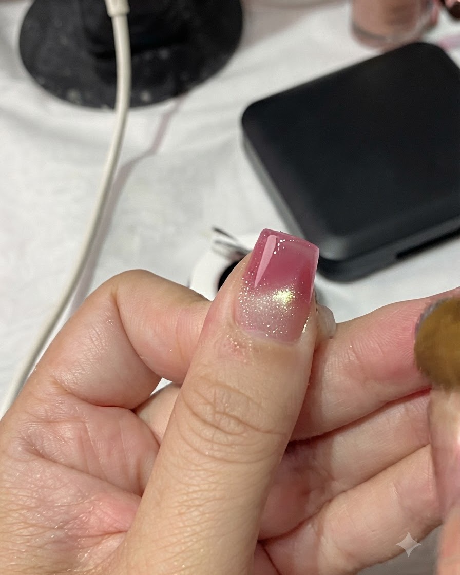 Die zylindrische Spitze eines Magneten wird in einer kreisenden Bewegung über einen magnetischen Cat-Eye-Nagel geführt.