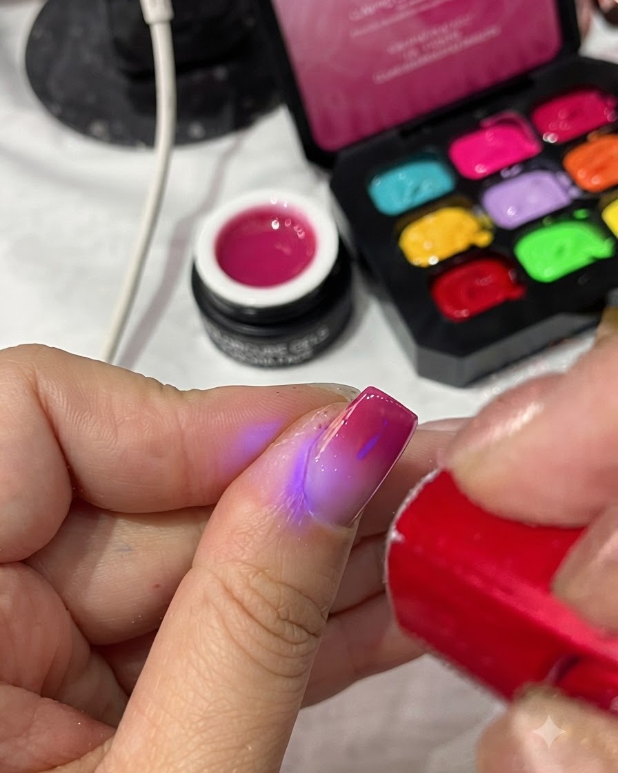 Eine tragbare rote UV-/LED-Lampe härtet den Topcoat auf einer vollendeten Maniküre aus.