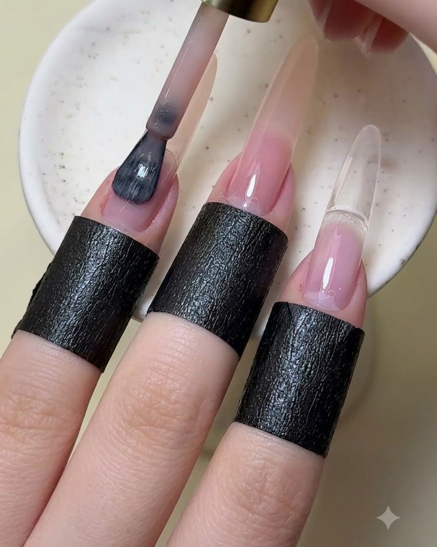 Ein Manikürepinsel trägt nudefarbenen Gel-Nagellack auf einen verlängerten Fingernagel auf.