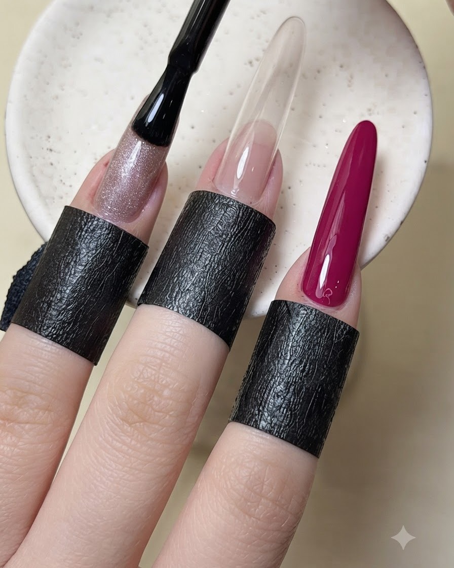 Ein Pinsel trägt metallischen Cat-Eye-Gel-Nagellack auf den Ringfingernagel auf.
